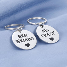 Load image into Gallery viewer, Couple Gift Keychain for Him His Crazy Her Weirdo Boyfriend Girlfriend King Queen Best Funny Key-to-heart 2pcs Set from Husband Wife Fiance Fiancee Teen Anniversary Christmas Cute Valentine's Day