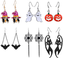 Load image into Gallery viewer, 2/6/7 Pairs Halloween Ghost Skeleton Dangle Earrings Assorted Pumpkin Spider Black Cat Bat Cobweb Spiderweb Faux Leather Earring Studs Sets Gifts for Girls Women Ladies Her Halloween Theme Party