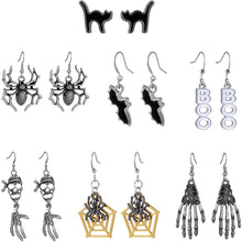 Load image into Gallery viewer, 2/6/7 Pairs Halloween Ghost Skeleton Dangle Earrings Assorted Pumpkin Spider Black Cat Bat Cobweb Spiderweb Faux Leather Earring Studs Sets Gifts for Girls Women Ladies Her Halloween Theme Party