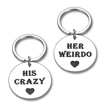 Load image into Gallery viewer, Couple Gift Keychain for Him His Crazy Her Weirdo Boyfriend Girlfriend King Queen Best Funny Key-to-heart 2pcs Set from Husband Wife Fiance Fiancee Teen Anniversary Christmas Cute Valentine's Day