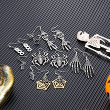 Load image into Gallery viewer, 2/6/7 Pairs Halloween Ghost Skeleton Dangle Earrings Assorted Pumpkin Spider Black Cat Bat Cobweb Spiderweb Faux Leather Earring Studs Sets Gifts for Girls Women Ladies Her Halloween Theme Party