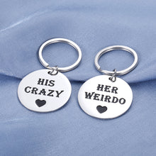 Load image into Gallery viewer, Couple Gift Keychain for Him His Crazy Her Weirdo Boyfriend Girlfriend King Queen Best Funny Key-to-heart 2pcs Set from Husband Wife Fiance Fiancee Teen Anniversary Christmas Cute Valentine&#39;s Day
