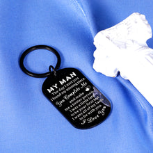 Load image into Gallery viewer, My Man Gifts for Him Keychain for Boyfriend Valentines Day Gifts for Him Mens Anniversary Present from Wife to Husband Birthday Gifts for Fiance Gifts from Fiancee Girlfriend Bride Groom Wedding Gift
