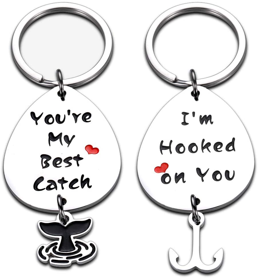 Valentine's Day Gifts Set of 2 Pcs Keychain for Him Her Birthday Husband Wife Wedding Anniversary for Boyfriend Girlfriend Christmas Fisherman Couple Present You are My Best Catch I’m Hooked Keyring