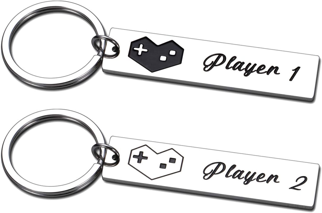 2Pcs Gamer Couple Gifts Player 1 Keychain Player 2 Keychains for Boyfriend Girlfriend Valentines Day Christmas for Husband Wife Anniversary Birthday for My Man Fiance His Him and Her Present Keyrings