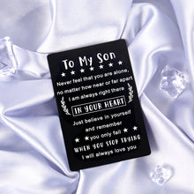 Load image into Gallery viewer, To My Son Gifts from Mom Wallet Cards for Him Son Graduation Gift from Dad Inspirational Birthday Gifts for Son Adult Coming-of-Age Teen Boy Back to School Deployed Son in Law Present from Parent
