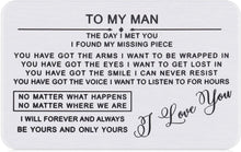 Load image into Gallery viewer, to My Man Wallet Insert Card Valentines Day Gifts for Boyfriend Him Birthday Husband Anniversary for Fiance Groom Wedding Engagement Mini I Love You Note Christmas Stocking Stuffers from Girlfriend
