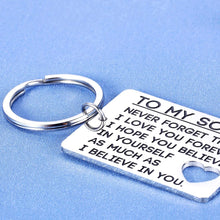 Load image into Gallery viewer, Son Keychain Valentines Gift from Mom Dad Birthday Gifts to Teen Boys Graduation Son in Law Wedding from Step Father Mothers Day Encouragement Christmas Present for Him Men Teenage Kid I Love You
