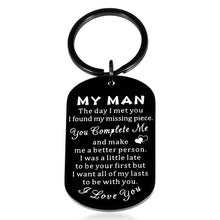 Load image into Gallery viewer, My Man Gifts for Him Keychain for Boyfriend Valentines Day Gifts for Him Mens Anniversary Present from Wife to Husband Birthday Gifts for Fiance Gifts from Fiancee Girlfriend Bride Groom Wedding Gift
