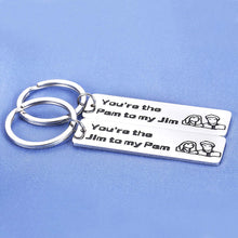 Load image into Gallery viewer, 2pcs Funny The Office Gifts Couples Keychain His Pam Her Jim for Husband Boyfriend from Wife Girlfriend Valentines Day Anniversary Thanksgiving Engagement TV Show Merchandise Present
